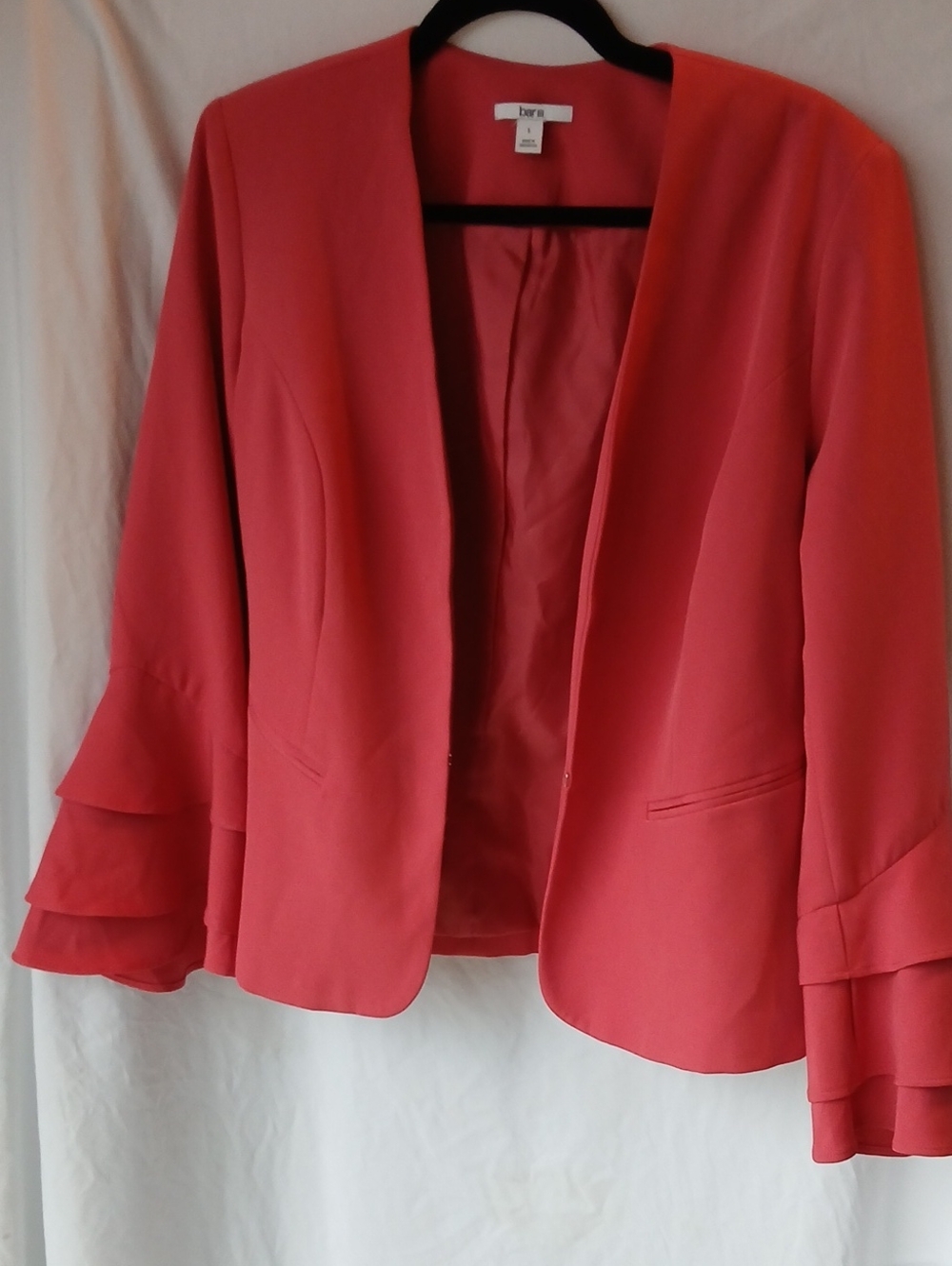 40. Bar III Coral Open-Front Blazer with Tiered Ruffle Sleeves
